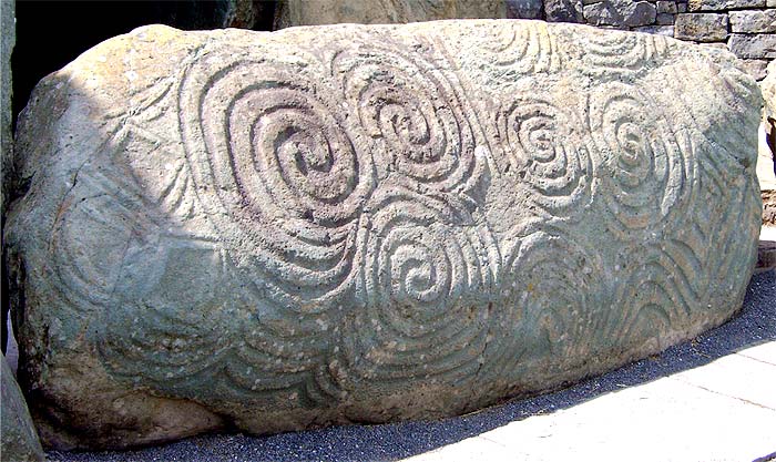 Spiral Patterns, carved into a large stone, 5000 years ago. Newgrange, Northern Ireland.